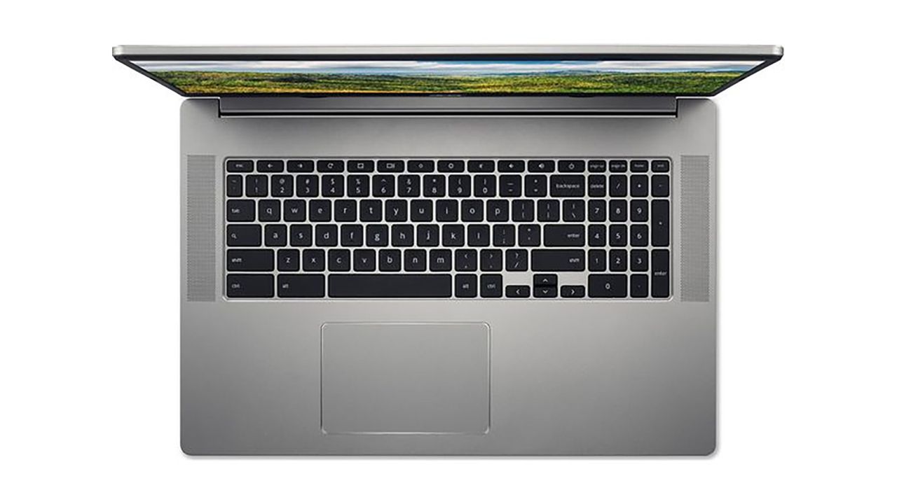 Acer Chromebook 317 17-inch laptop shown top down with screen open in gun metal grey colorway.