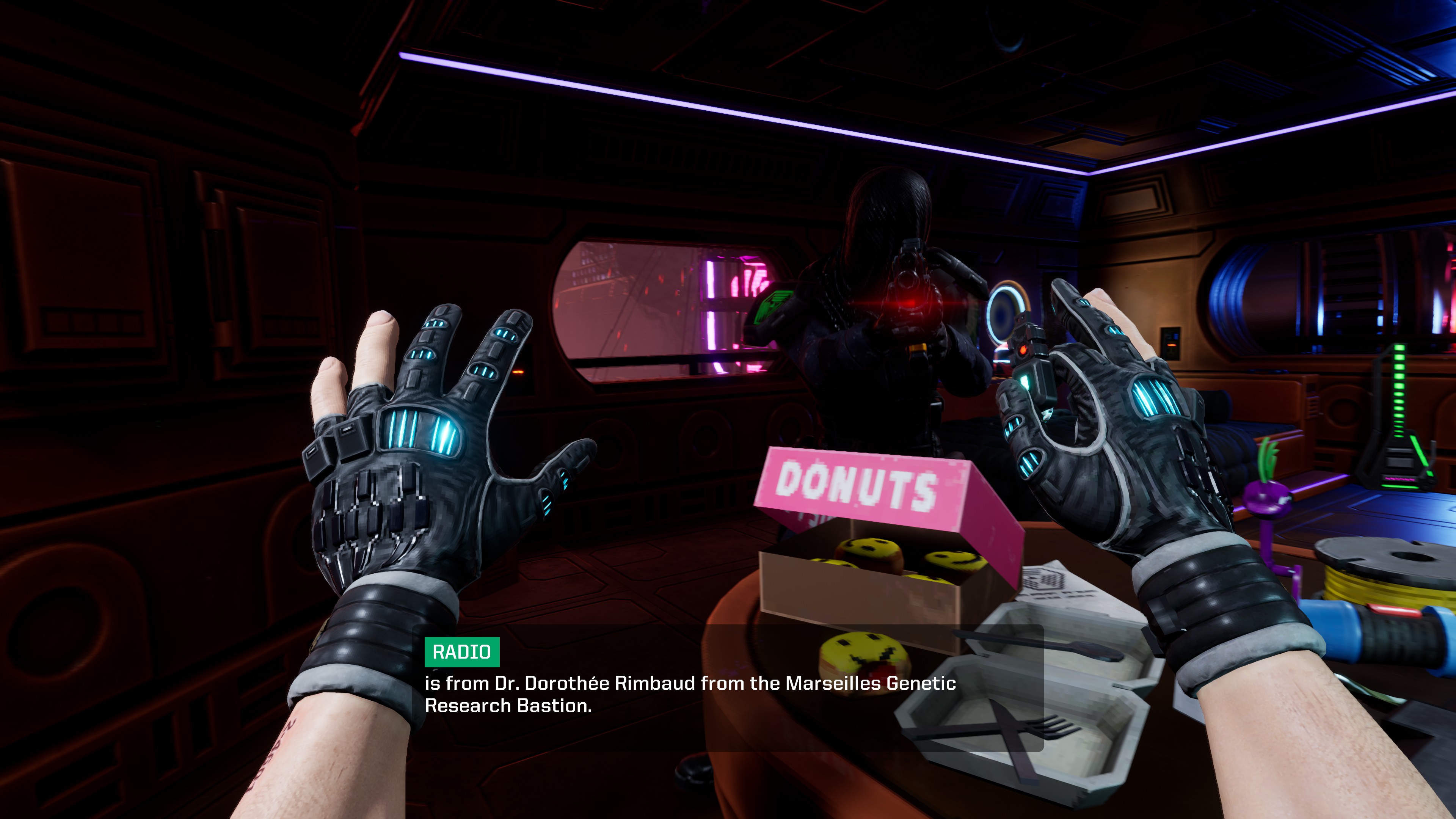 Armed thugs hold the protagonist at gunpoint in the System Shock remake.