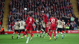 Liverpool defender Joel Matip scores the winning goal for his team in Liverpool 2-1 Ajax in the UEFA Champions League on 13 September, 2022 at Anfield, Liverpool, United Kingdom