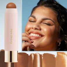 model wearing cream bronzer