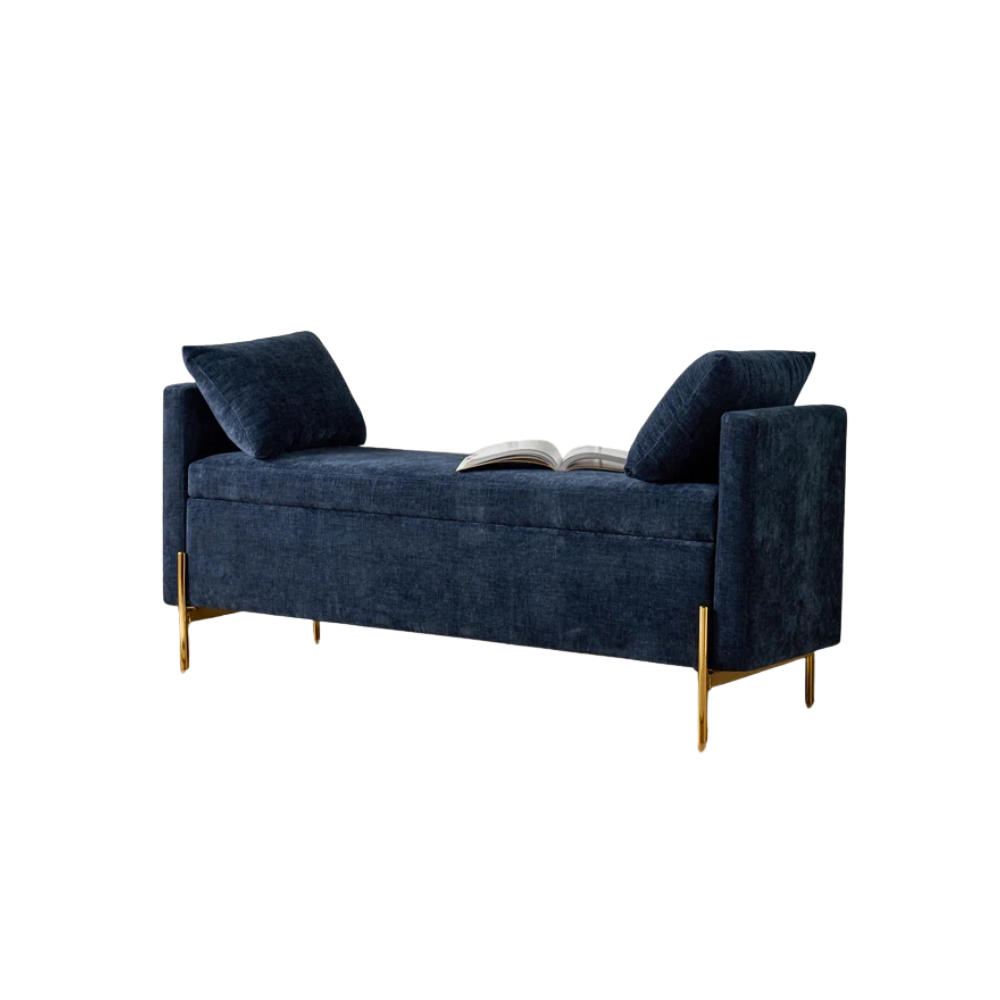 Blue storage bench with gold legs