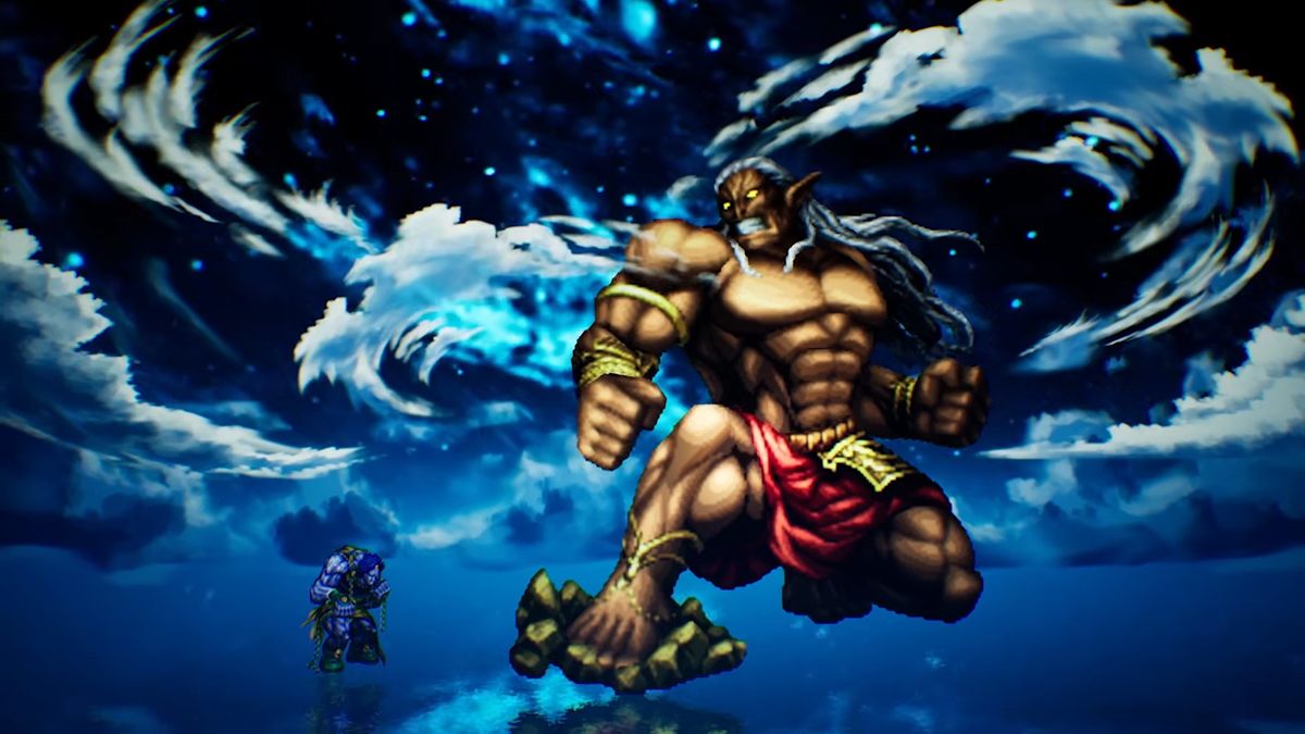 A large, muscular mythical figure with long hair and a warrior's demeanor stands prominently, surrounded by swirling clouds and a cosmic background, while a smaller armored character observes.