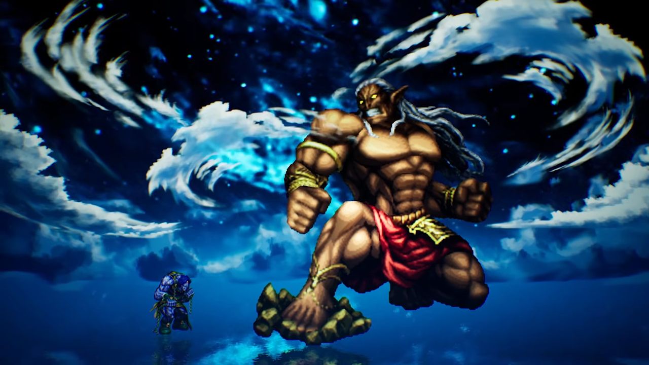 A large, muscular mythical figure with long hair and a warrior's demeanor stands prominently, surrounded by swirling clouds and a cosmic background, while a smaller armored character observes.