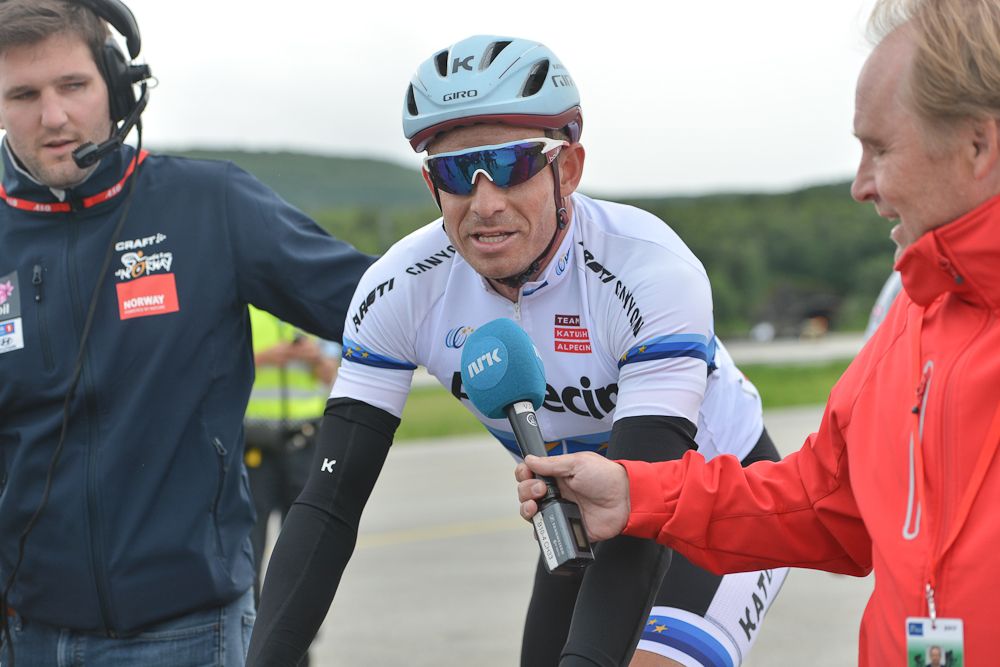 Alexander Kristoff talks to reporters after winning stage 2 at the Arctic Race of Norway