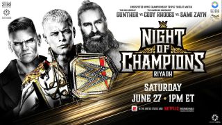 Defending WWE Champion Cody Rhodes alongside Gunther and Sami Zayn on the WWE Night of Champions 2026 poster.