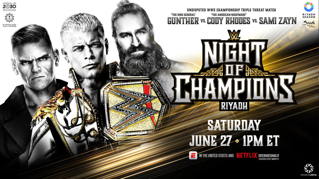 Defending WWE Champion Cody Rhodes alongside Gunther and Sami Zayn on the WWE Night of Champions 2026 poster.