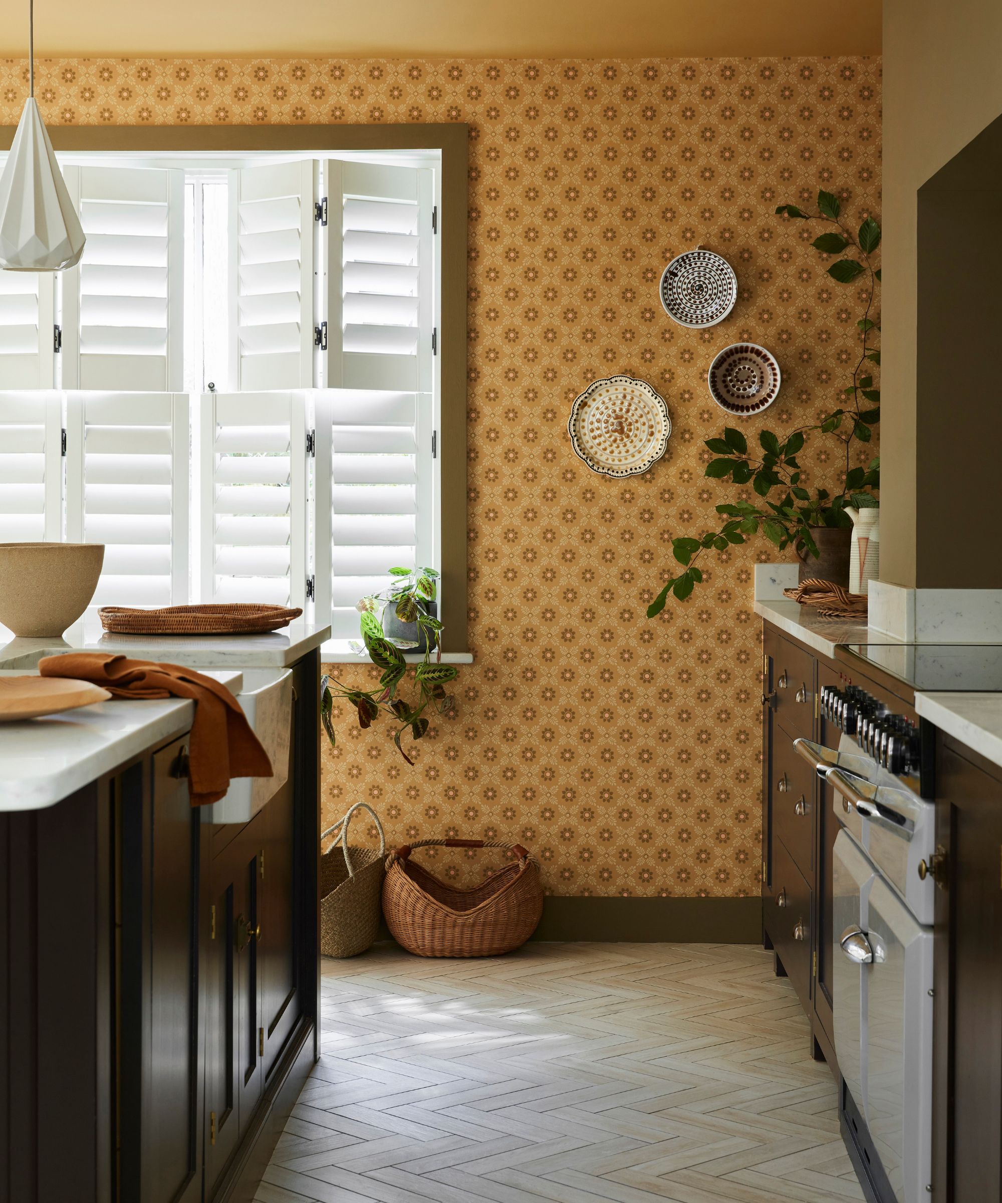 Kitchen with Little Greene Ditsy Block wallpaper in Bombolone