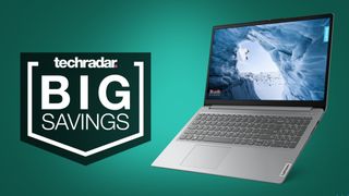 Lenovo IdeaPad 1i laptop on a green background next to a TechRadar badge reading 'BIG SAVINGS'.