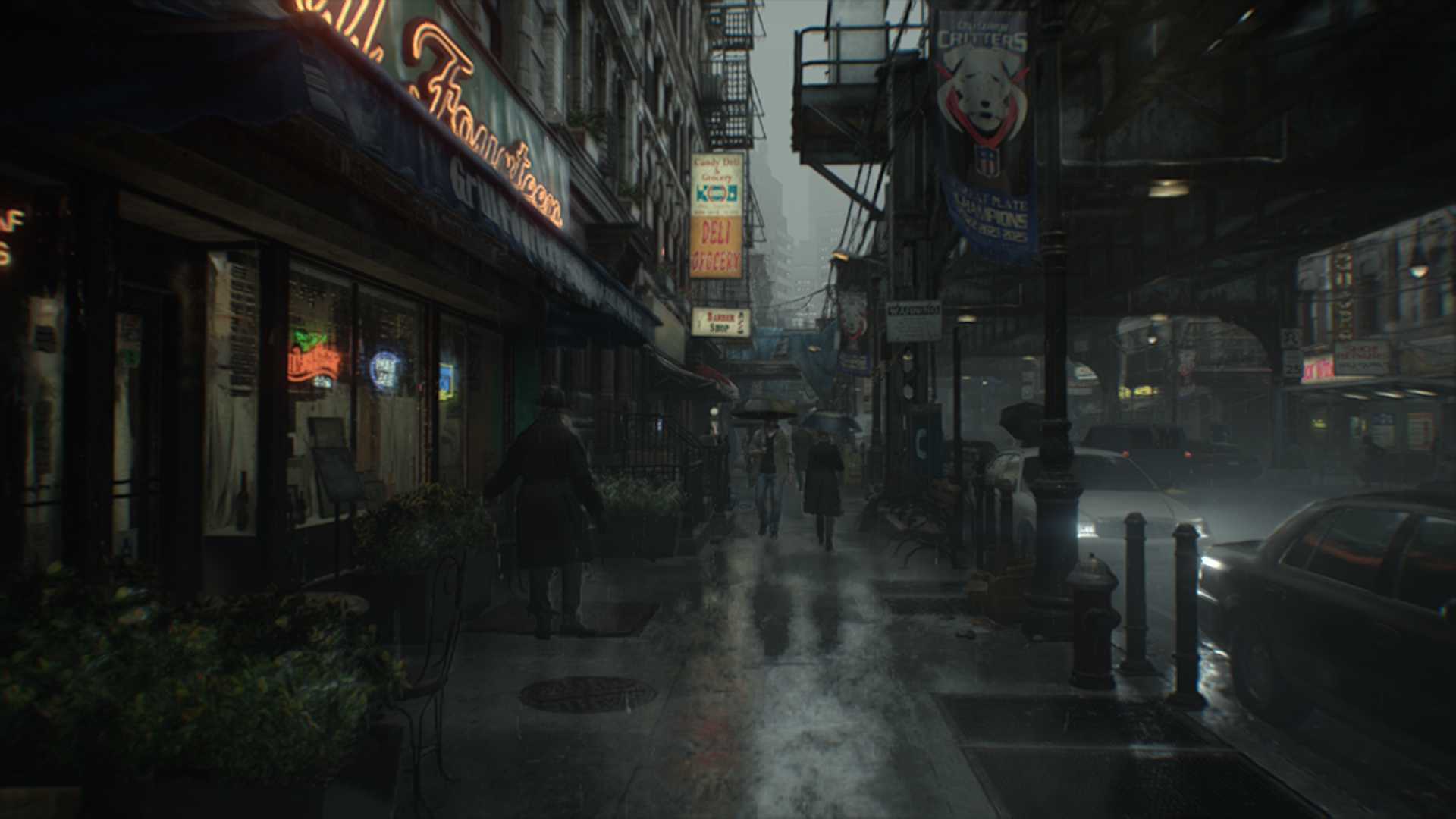 A Resident Evil Requiem screenshot captured on Nintendo Switch 2 in handheld mode showing a city street in the rain.