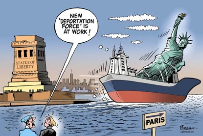 Political Cartoon U.S. Donald Trump deportation Lady Liberty France