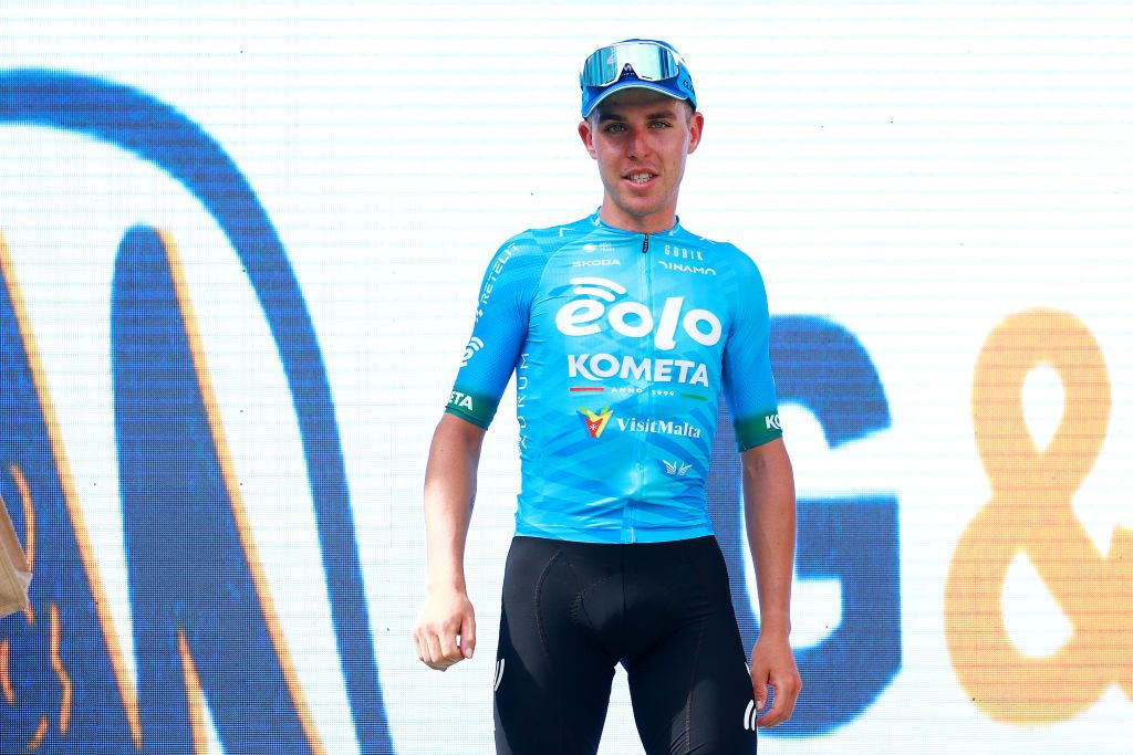 BURGOS SPAIN AUGUST 15 Mattia Bais of Italy and EoloKometa Cycling Team celebrates at podium as most combative rider trophy celebrates at podium as winner during the 45th Vuelta a Burgos 2023 Stage 1 a 161km stage from Villalba de Duero to Burgos on August 15 2023 in Burgos Spain Photo by Gonzalo Arroyo MorenoGetty Images
