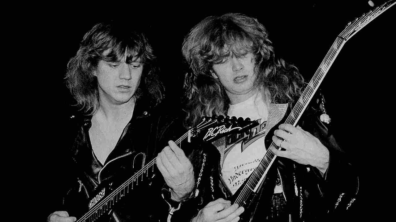 Megadeth&amp;rsquo;s Chris Poland and Dave Mustaine performing onstage in early 1987