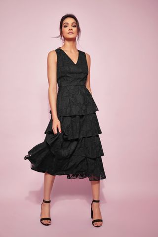 Glamour Black Jacquard Tiered Midi black dress you can wear to a wedding