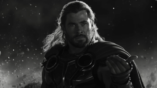 Chris Hemsworth as Thor In Love in Thunder in black and white