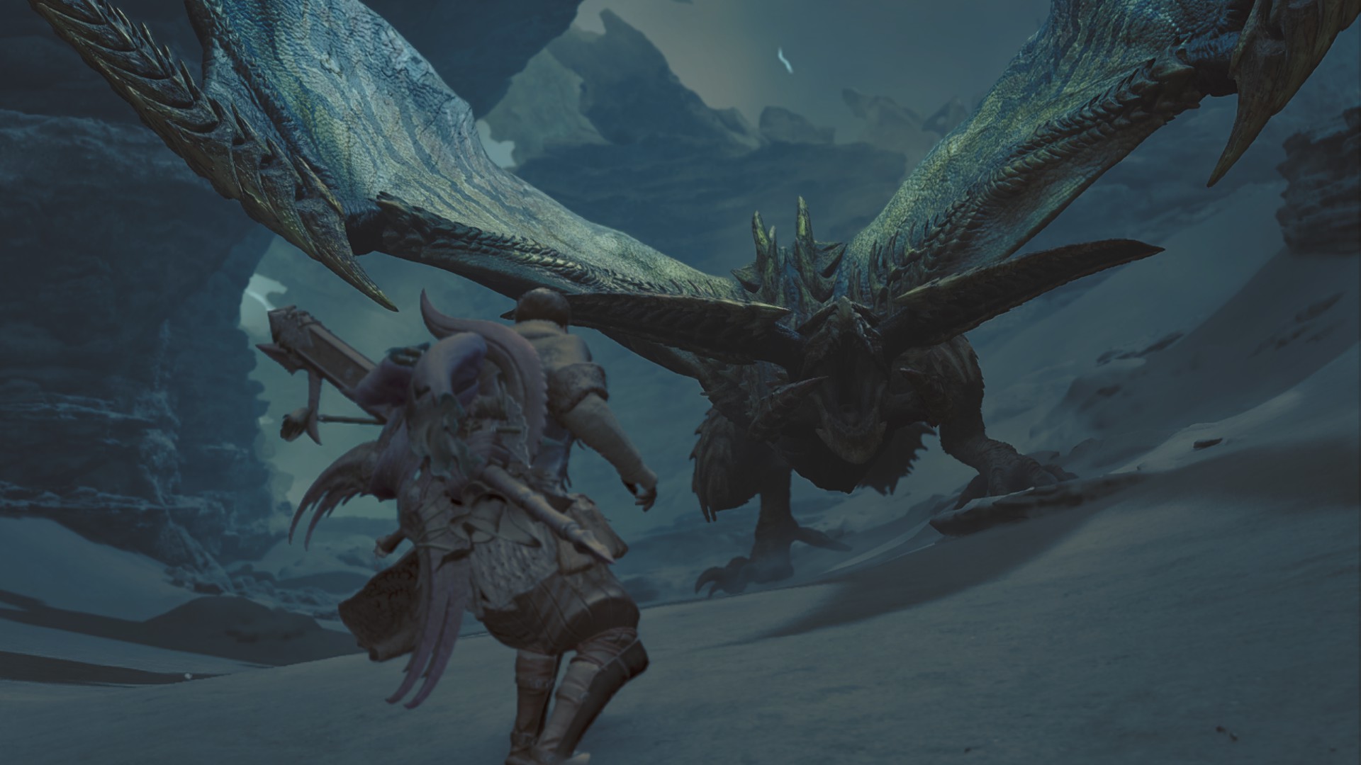 A Rey Dau roars at a hunter in Monster Hunter Wilds.