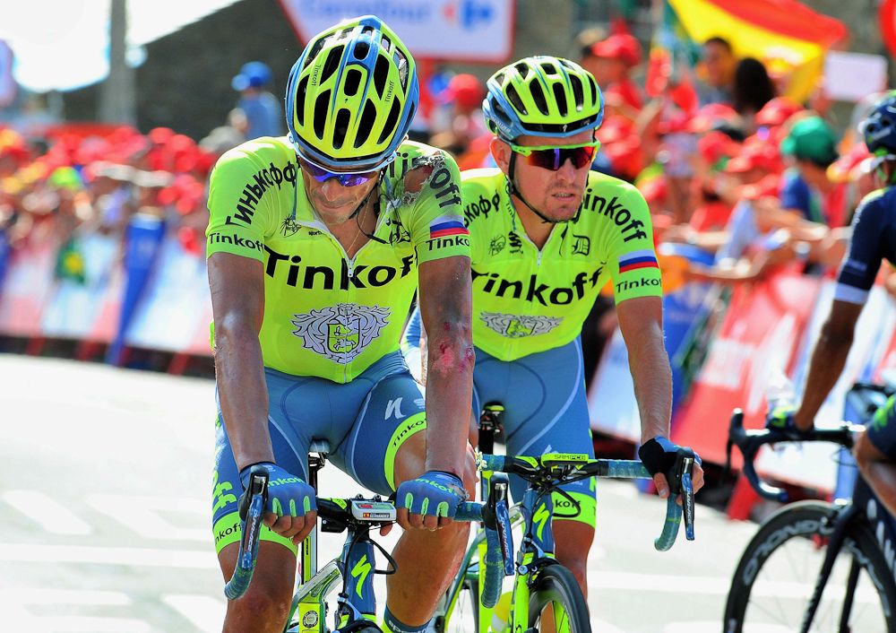 Alberto Conatdor crosses the finish line after crashing in the final kilometre of stage 7 at the Vuelta