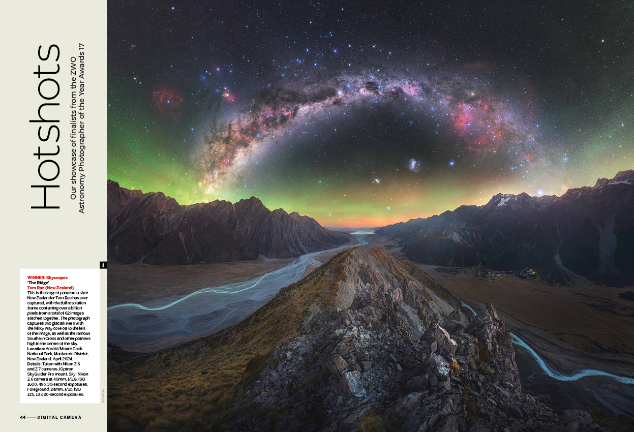 Image showing the first two pages of the Hotshots gallery in issue 300 (November 2025) of Digital Camera magazine, showcasing the winning entries of the Astronomy Photographer of the Year Awards 17