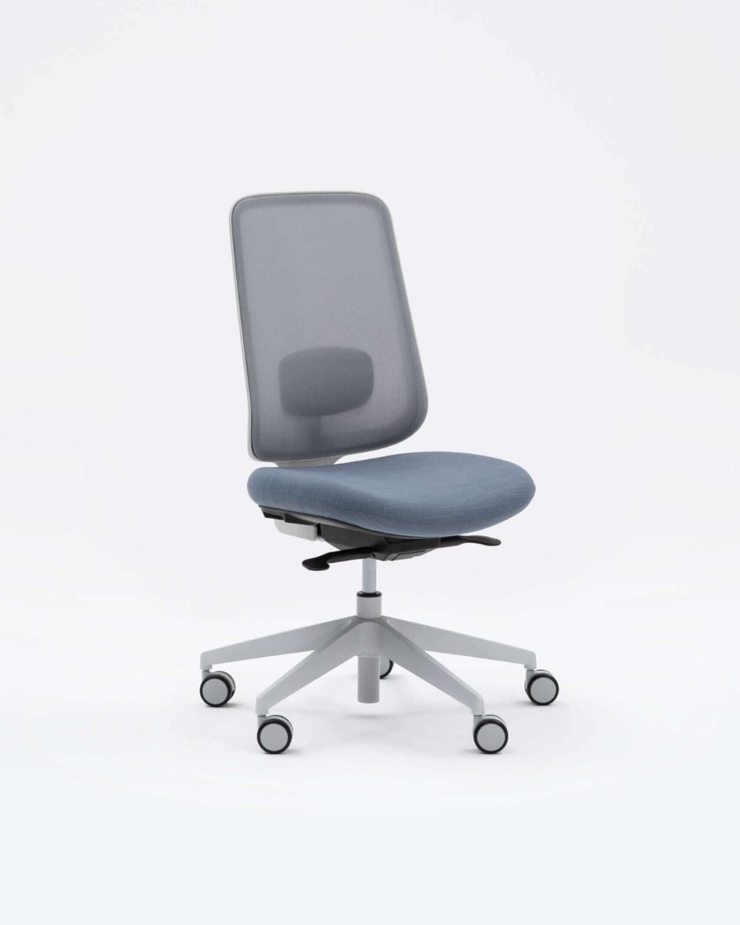 A light blue-grey office chair with no arms and a white swivel frame