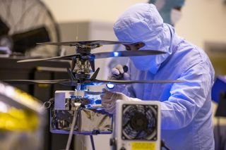 NASA's Mars Helicopter seen in testing at Kennedy Space Center in Florida on March 10, 2020.