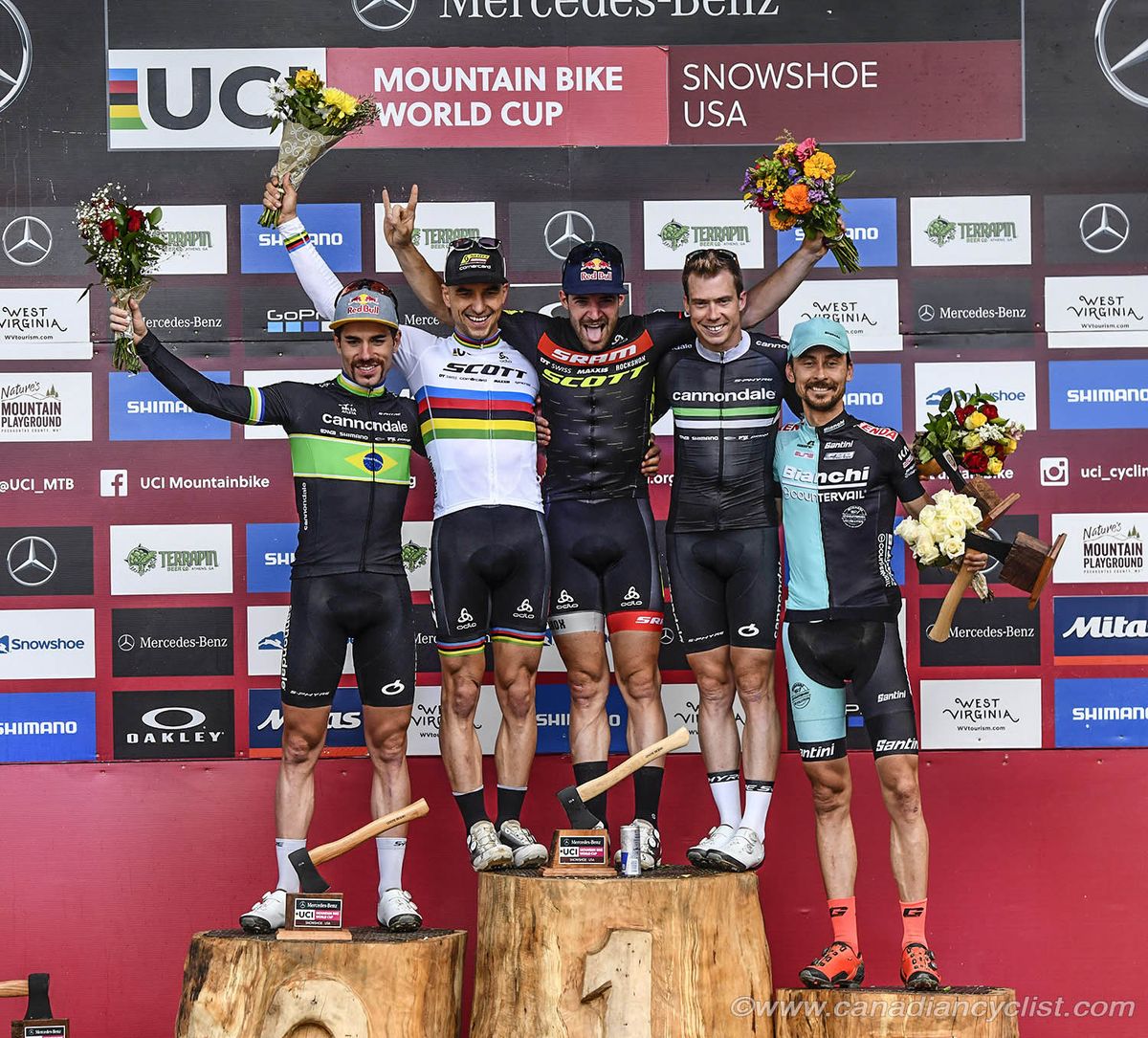 Podium: l to r- Henrique Avancini, Nino Schurter, Lars Forster, Maxime Marotte, Stephane Tempier