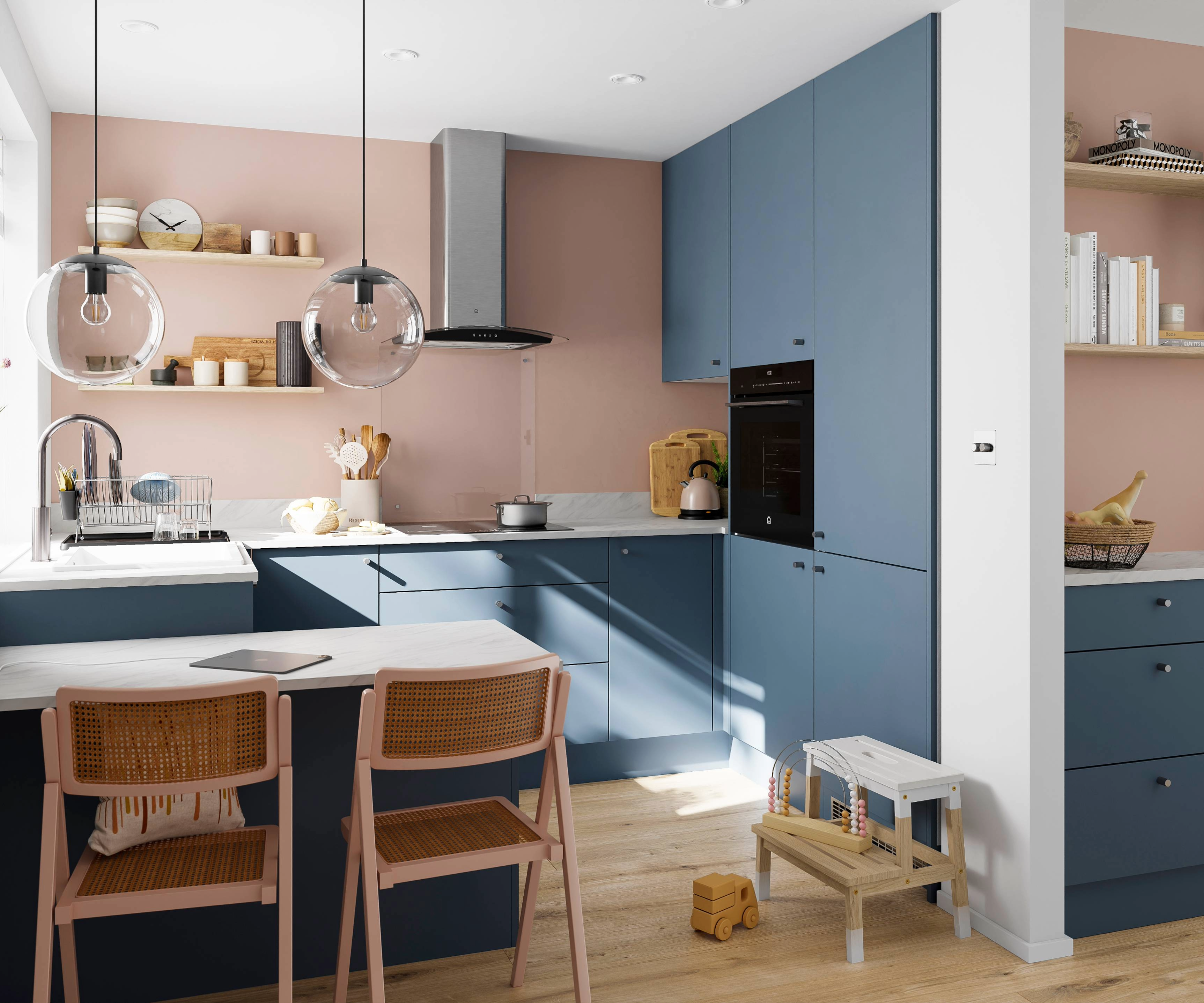 Kitchen with pink walls and chairs and blue cabinets