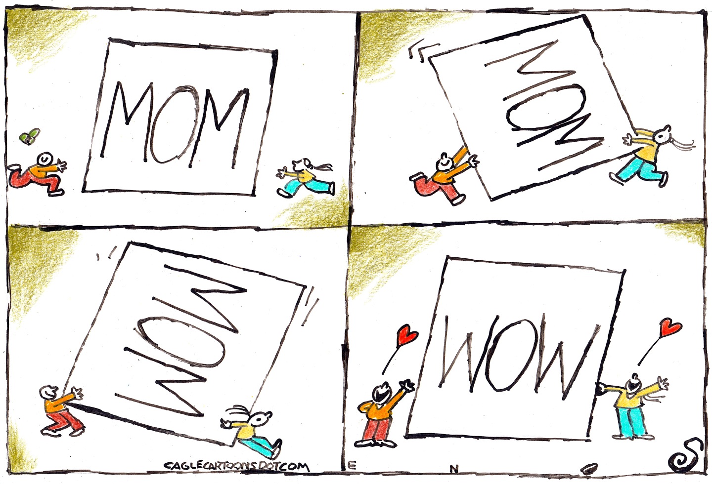 This is a four-panel cartoon drawn in a minimalist way and celebrates Mother's Day. Its four panels tell the story of two children running to an oversized card that reads "MOM" and slowly turning it over so it reads "WOW" in the final panel and the kids celebrate with hearts above their heads. Happy Mother's Day to all from The Week.