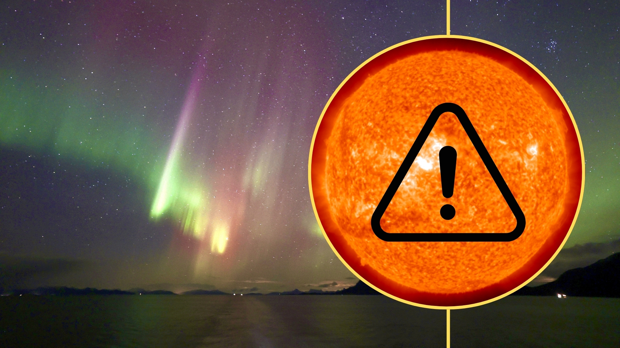 northern lights appear in the background, ribbons of green and magenta light, there is an inset image of the sun on the right in a yellow circle. there is a graphic of an alert - exclamation mark in a triangle inside the sun image to convey the g2 storm watch that has been issued.