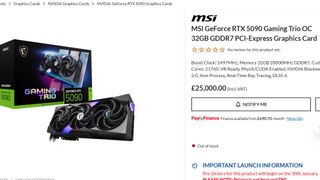 MSI GeForce RTX 5090 Gaming Trio OC pricing screenshot on Overclockers UK