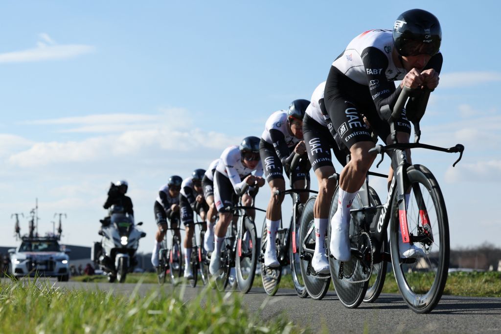UAE Team Emirates riders pictured in action during the third stage of the 81st edition of the ParisNice eight days cycling race a 322 km team time trial with start and finish in DampierreenBurly France Tuesday 07 March 2023BELGA PHOTO DAVID PINTENS Photo by DAVID PINTENS BELGA MAG Belga via AFP Photo by DAVID PINTENSBELGA MAGAFP via Getty Images