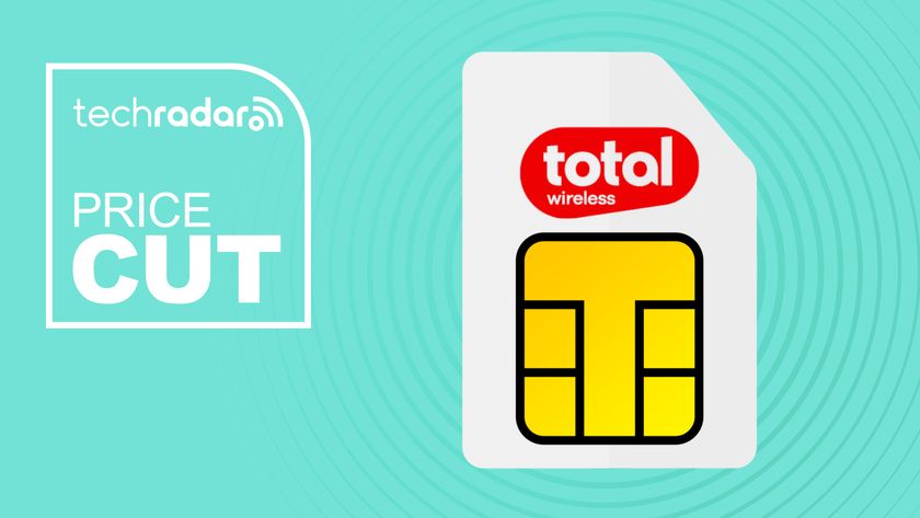 Total Wireless branded simcard on bright blue background with price cut text overlay