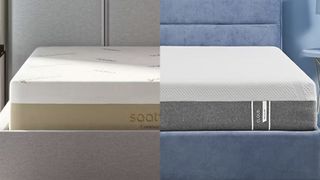 The Saatva Contour5 Mattress on a bed frame (left) and the Tempur-Pedic Tempur-Cloud Mattress (right)