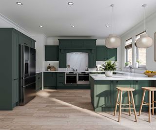 green kitchen with U-shaped layout and peninsula