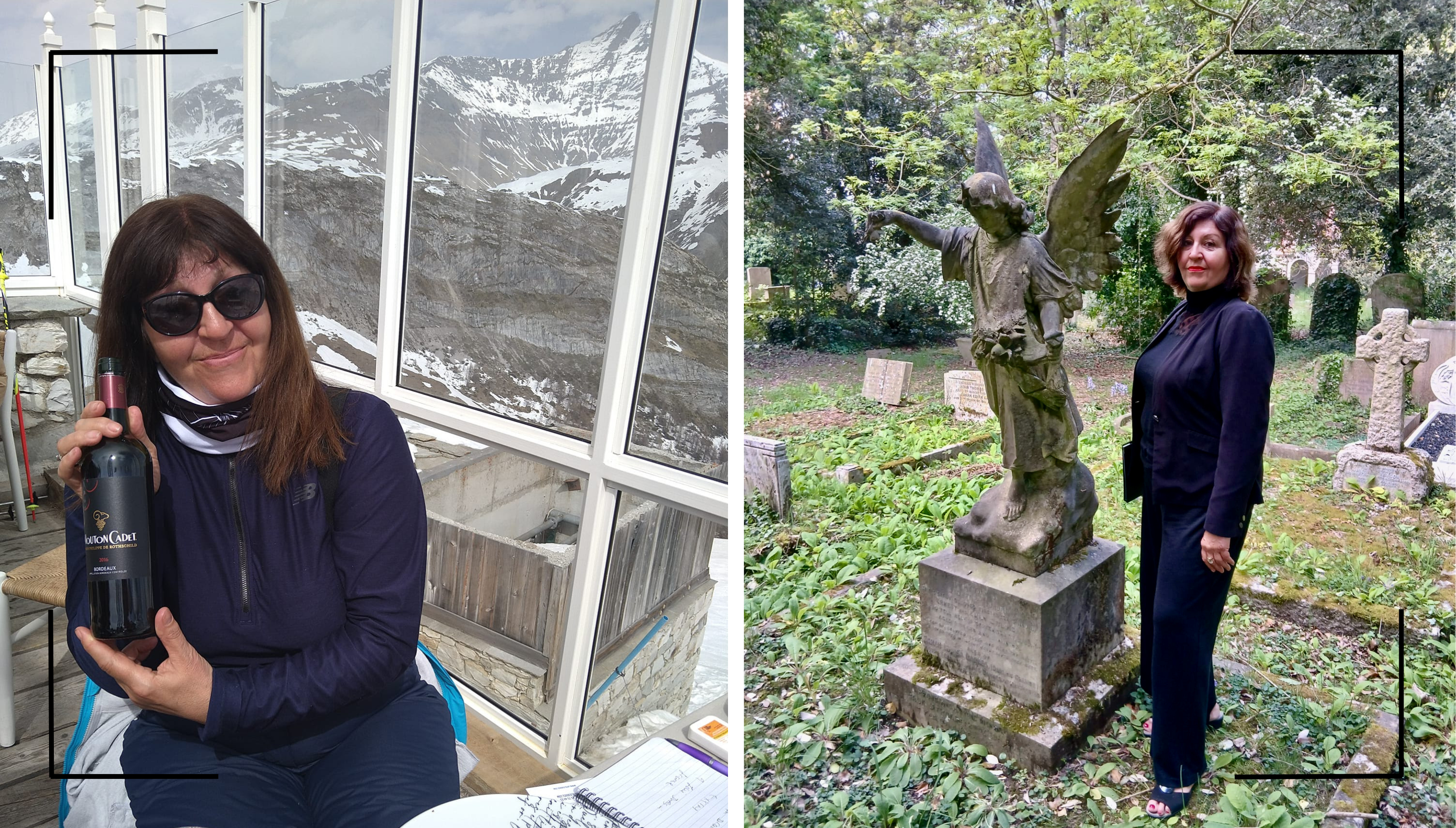 A composite image of journalist-turned-funeral celebrant Lynne Wallis. Left: on a press skiing trip. Right: in a graveyard, wearing black