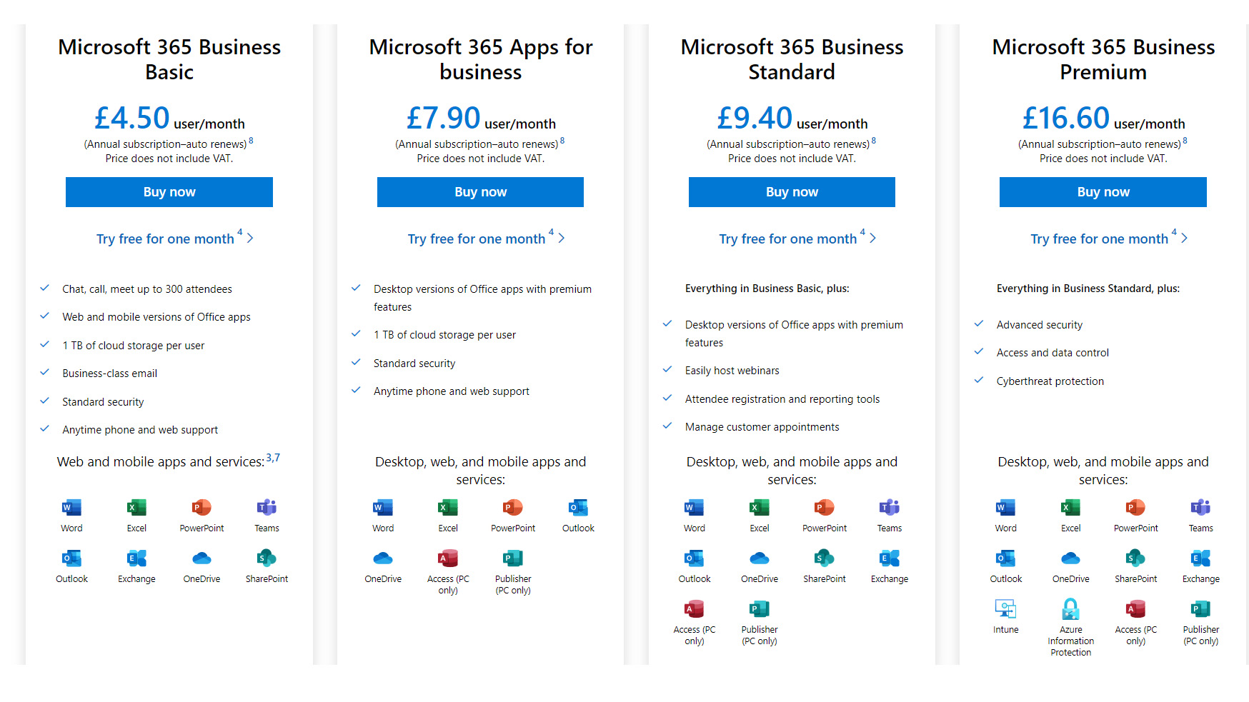 A pricing list for Microsoft's 365 suite