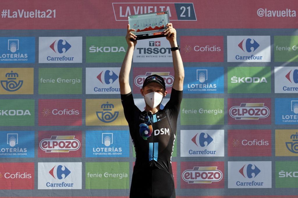 Team Sunwebs Australian rider Michael Storer celebrates on the podium after winning the 7th stage of the 2021 La Vuelta cycling tour of Spain a 152 km race from Gandia to Balcon de Alicante in Tibi on August 20 2021 Photo by JOSE JORDAN AFP Photo by JOSE JORDANAFP via Getty Images