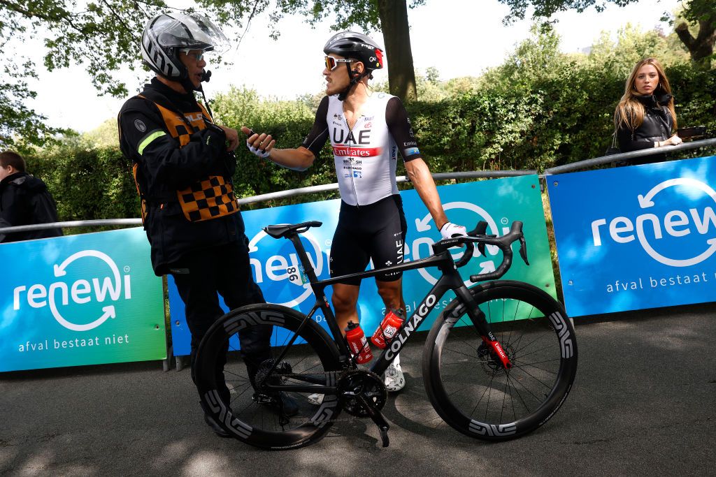 BILZEN BELGIUM AUGUST 27 Matteo Trentin of Italy and UAE Team Emirates and the peloton stopped at the finish line to protest as riders deem the course as being too dangerous during the 19th Renewi Tour 2023 Stage 5 a 1873km stage from Riemst to Bilzen UCIWT on August 27 2023 in Bilzen Belgium Photo by Bas CzerwinskiGetty Images