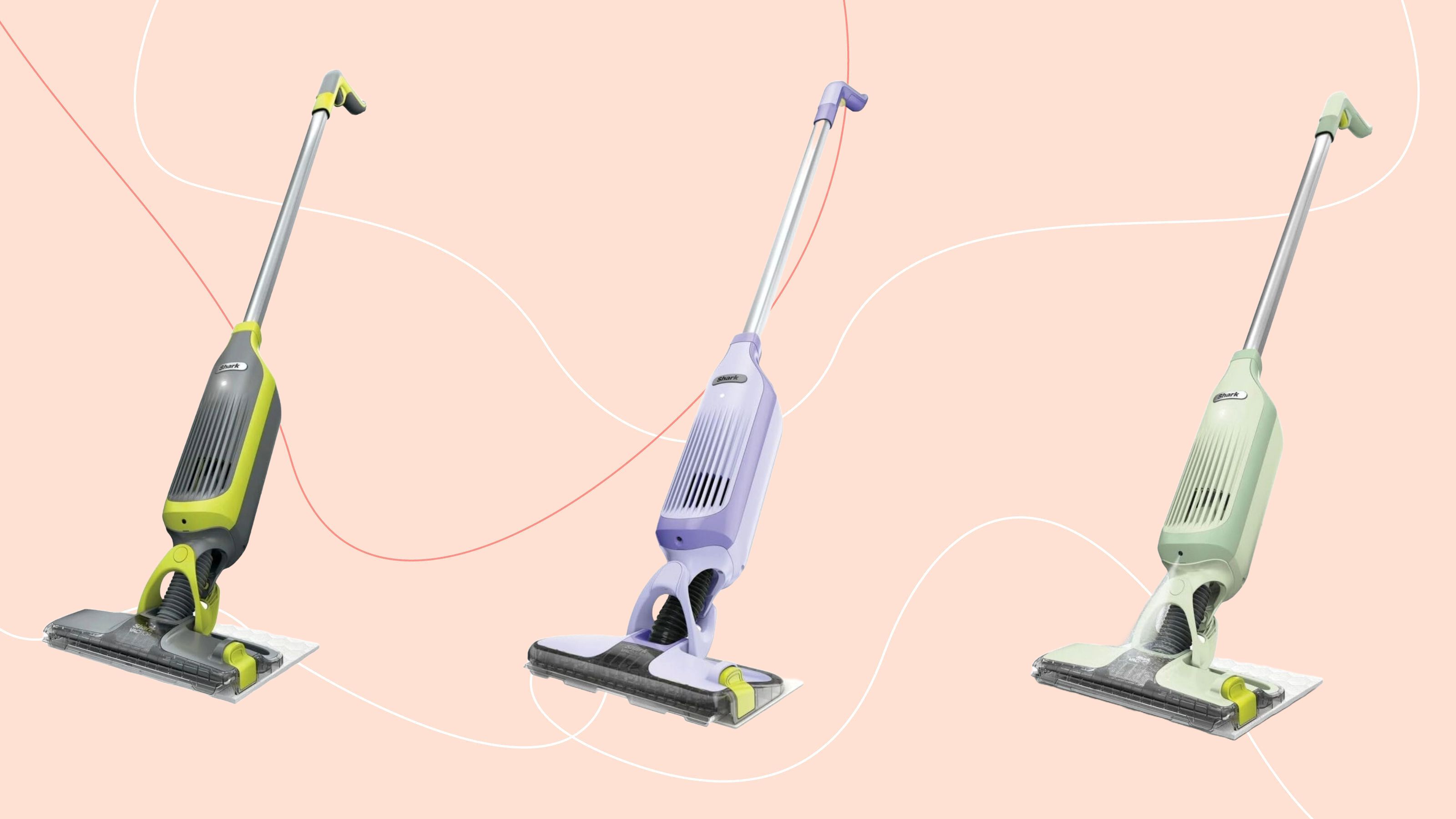 Shark vacmop in grey and green, lavender, and lime green on a pink background