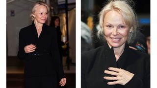 On the left, Pamela Anderson is seen wearing an Emilia Wickstead black coat and with a warm mocha manicure while heading to a Q&A for "The Last Showgirl" on January 08, 2025 in New York City and on the right, a close-up of Pamela Anderson and her left hand - which features a square, mocha manicure - on the same night