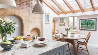 The dining area of a bespoke kitchen in a listed Tudor farmhouse