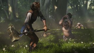 An official screenshot of the playable character in Xbox's Fable battling hostile creatures with a large warhammer.