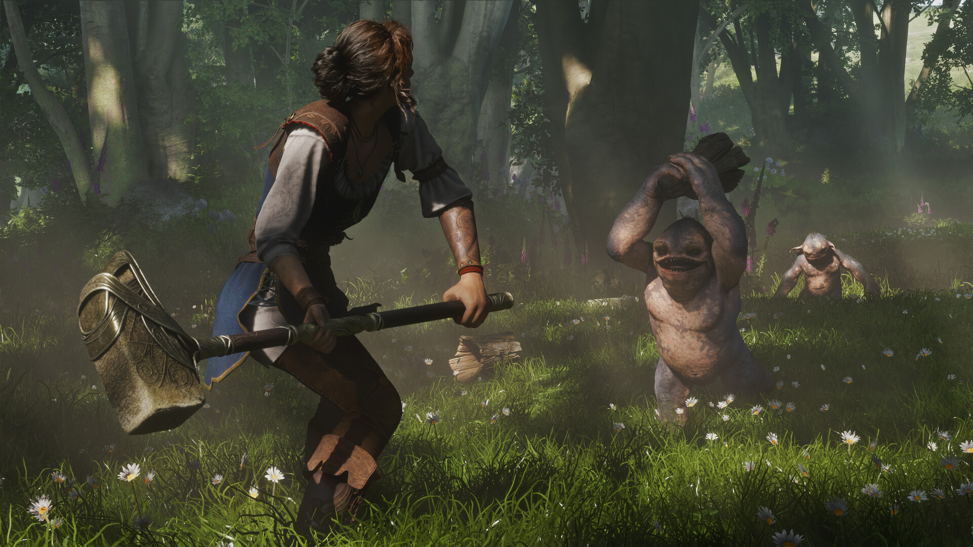 An official screenshot of the playable character in Xbox's Fable battling hostile creatures with a large warhammer.