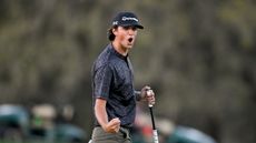 Grant Horvat celebrates after holing a putt at the 2025 Creator Classic at TPC Sawgrass