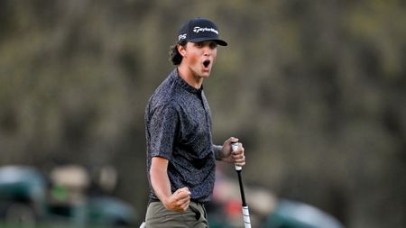 Grant Horvat celebrates after holing a putt at the 2025 Creator Classic at TPC Sawgrass