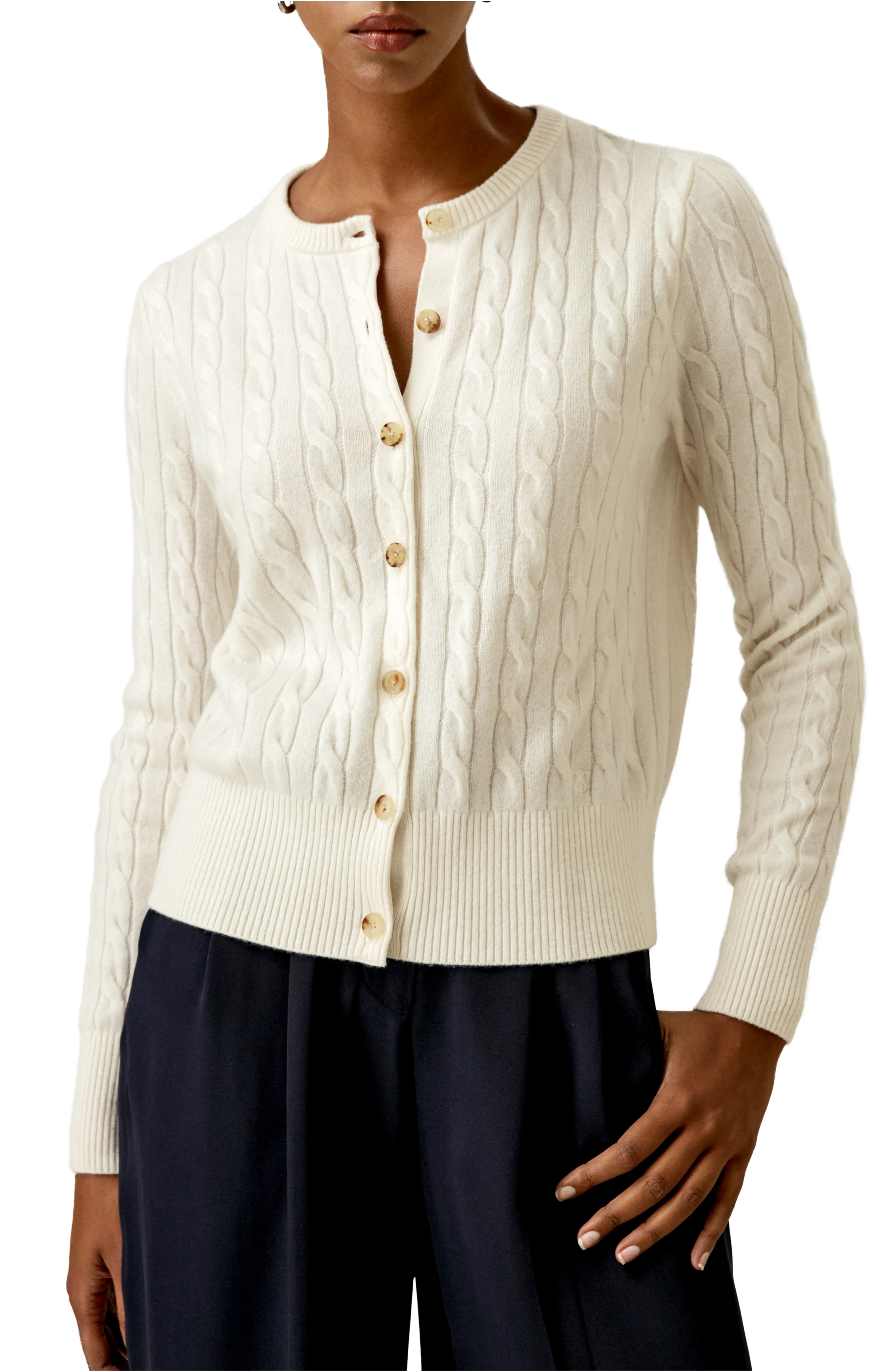 Cable-Knit Cashmere Crewneck Cardigan