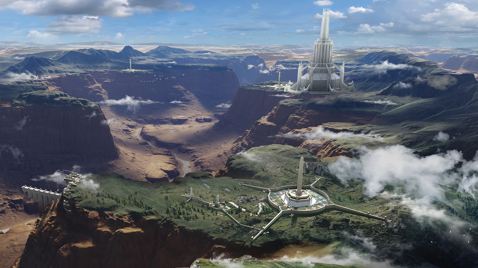 A 3D render of a fantasy landscape, a castle and canyon
