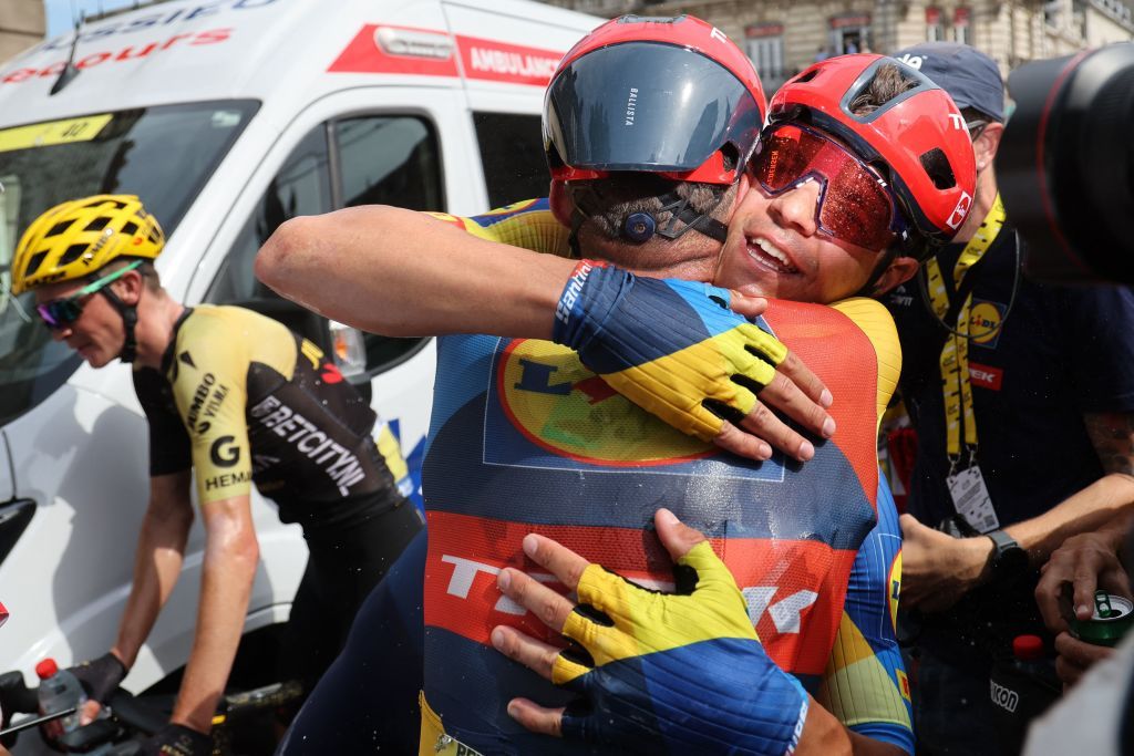 Lidl Treks Danish rider Mads Pedersen R celebrates with a teammate after winning the 8th stage of the 110th edition of the Tour de France cycling race 201 km between Libourne and Limoges in central western France on July 8 2023 Photo by MARTIN DIVISEK POOL AFP Photo by MARTIN DIVISEKPOOLAFP via Getty Images