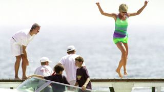 32 of the best Princess Diana Quotes - Diana dancing down a jetty in a neon bathing suit