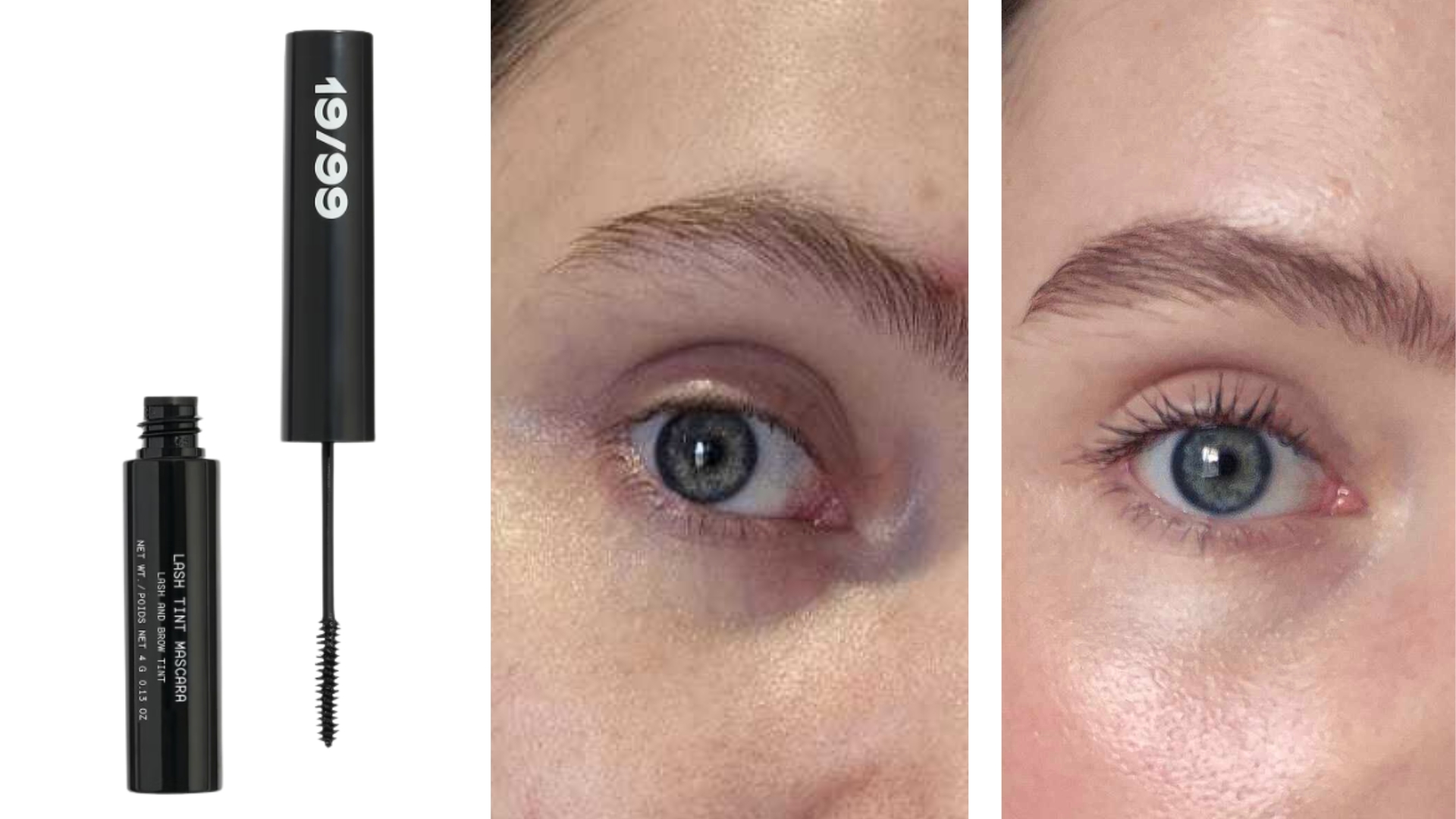 On the left, is a product shot of the 19/99 Lash tint mascara followed by before and after pictures of Digital Beauty Writer&#039;s eyelashes without and with the 19/99 mascara applied. 