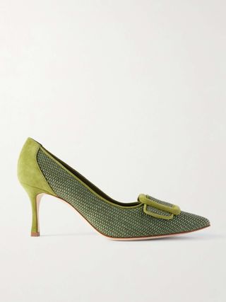 Maysale Buckle-Embellished Suede-Trimmed Woven Raffia Pumps