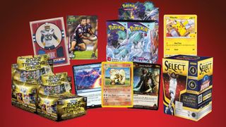 A variety of trading cards, both singles and boxes, from brands such as Pokémon, NBA and more.
